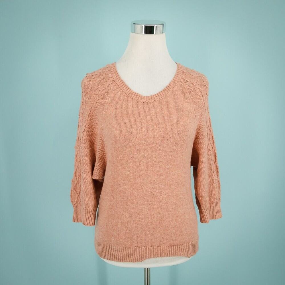 Moth Anthropologie Size XS Peach Cable Knit Pom Pom Sleeve Details Crew Sweater